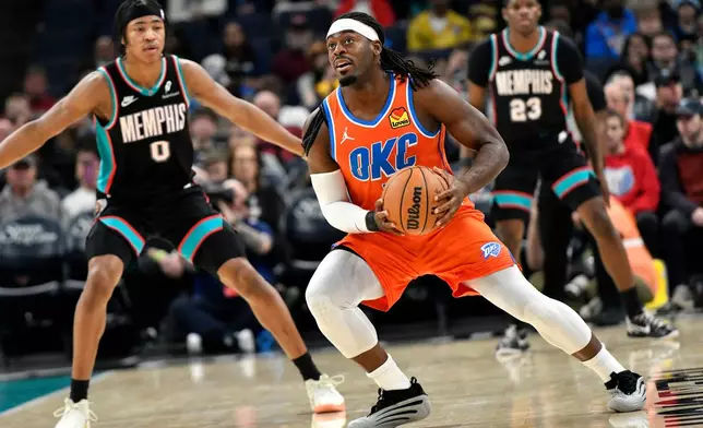 Oklahoma City Thunder guard Luguentz Dort handles the ball ahead of Memphis Grizzlies forward Jaylen Wells (0) and guard Cedric Coward (23) in the first half of an NBA basketball game Friday, Jan. 9, 2026, in Memphis, Tenn. (AP Photo/Brandon Dill)