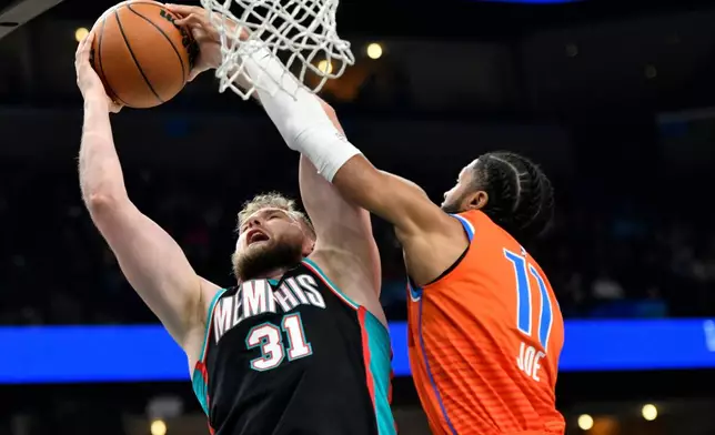 Memphis Grizzlies center Jock Landale (31) shoots against Oklahoma City Thunder guard Isaiah Joe (11) in the first half of an NBA basketball game Friday, Jan. 9, 2026, in Memphis, Tenn. (AP Photo/Brandon Dill)