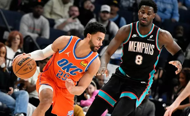 Oklahoma City Thunder guard Ajay Mitchell (25) handles the ball against Memphis Grizzlies forward Jaren Jackson Jr. (8) in the first half of an NBA basketball game Friday, Jan. 9, 2026, in Memphis, Tenn. (AP Photo/Brandon Dill)