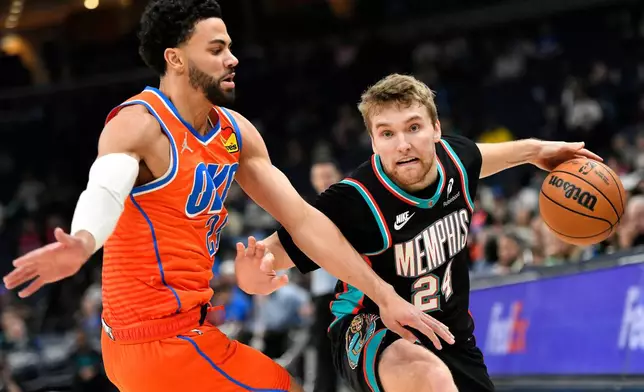 Memphis Grizzlies guard Cam Spencer (24) handles the ball against Oklahoma City Thunder guard Ajay Mitchell (25) in the first half of an NBA basketball game Friday, Jan. 9, 2026, in Memphis, Tenn. (AP Photo/Brandon Dill)