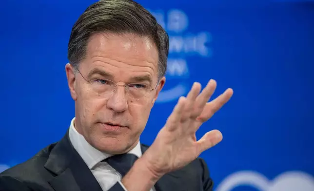 Mark Rutte, Secretary-General, North Atlantic Treaty Organization (NATO), speaks during a panel discussion during the 56th annual meeting of the World Economic Forum, in Davos, Switzerland, Wednesday, Jan. 21, 2026. (Gian Ehrenzeller/Keystone via AP)