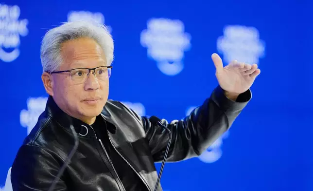 Nvidia founder and CEO Jensen Huang speaks during the Annual Meeting of the World Economic Forum in Davos, Switzerland, Wednesday, Jan. 21, 2026. (AP Photo/Markus Schreiber)
