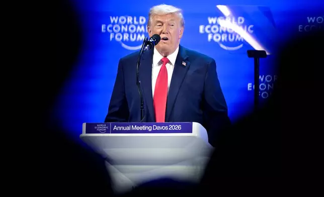 President Donald Trump speaks during the 56th annual meeting of the World Economic Forum, WEF, in Davos, Switzerland, Wednesday, Jan. 21, 2026. (Gian Ehrenzeller/Keystone via AP)