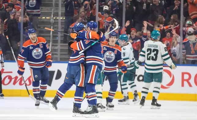 Edmonton Oilers players celebrate a goal against the San Jose Sharks during the third period of an NHL hockey game, in Edmonton, Alberta, Thursday, Jan. 29, 2026. (Jason Franson/The Canadian Press via AP)