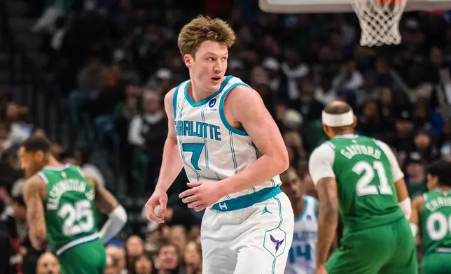 Charlotte Hornets guard Kon Knueppel (7) looks to a teammate during an NBA basketball game against the Dallas Mavericks, Thursday, Jan. 29, 2026, in Dallas. (AP Photo/Jessica Tobias)