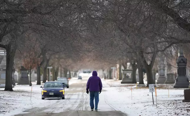 A person walks in a snowy Calvary Catholic Cemetery, Wednesday, Jan. 21, 2026, in Chicago. (AP Photo/Erin Hooley)