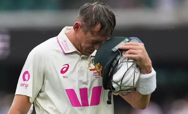 Australia's Marnus Labuschagne reacts after he was dismissed during play on day two of the fifth and final Ashes cricket test between England and Australia in Sydney, Monday, Jan. 5, 2026. (AP Photo/Mark Baker)