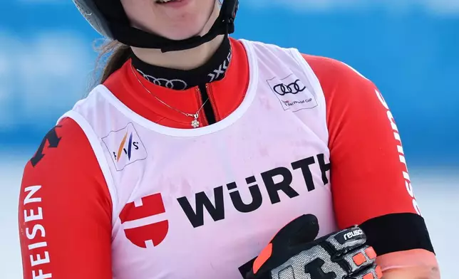 Switzerland's Camille Rast celebrates winning an alpine ski, women's World Cup giant slalom in Kranjska Gora, Slovenia, Saturday, Jan. 3, 2026. (AP Photo/Marco Trovati)