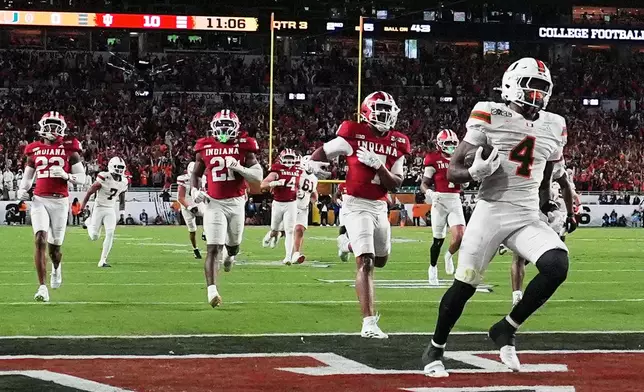 Miami running back Mark Fletcher Jr. scores against Indiana during the second half of the College Football Playoff national championship game, Monday, Jan. 19, 2026, in Miami Gardens, Fla. (AP Photo/Marta Lavandier)