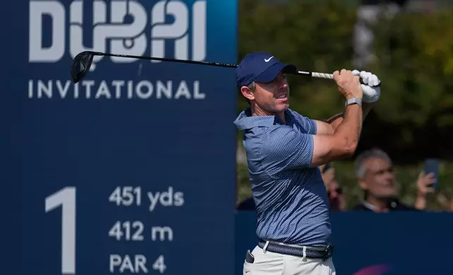 Rory McIlroy of Northern Ireland hits off the first tee during the final round of Dubai Invitational golf tournament in Dubai, United Arab Emirates, Sunday, Jan. 18, 2026. (AP Photo/Altaf Qadri)