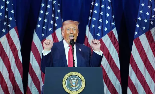 President Donald Trump speaks to House Republican lawmakers during their annual policy retreat, Tuesday, Jan. 6, 2026, in Washington. (AP Photo/Evan Vucci)