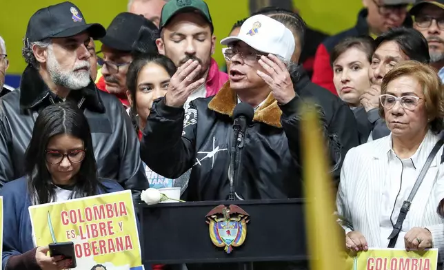 Colombian President Gustavo Petro addresses supporters in a rally he called to protest comments by U.S. President Donald Trump, in Bogota, Colombia, Wednesday, Jan. 7, 2026. (AP Photo/Santiago Saldarriaga)