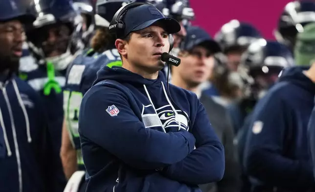 Seattle Seahawks head coach Mike Macdonald watches from the sideline during the first half of the NFC Championship NFL football game against the Los Angeles Rams, Sunday, Jan. 25, 2026, in Seattle. (AP Photo/Lindsey Wasson)