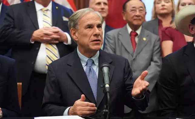 FILE - Texas Gov. Greg Abbott speaks to the media at the Texas Capitol in Austin, Texas, Aug. 22, 2025. (AP Photo/Eric Gay, File)