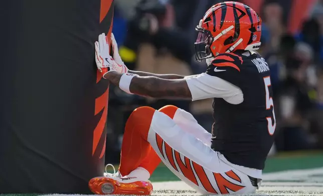 Cincinnati Bengals wide receiver Tee Higgins celebrates after scoring against the Cleveland Browns during the first half of an NFL football game, Sunday, Jan. 4, 2026, in Cincinnati. (AP Photo/Jeff Dean)