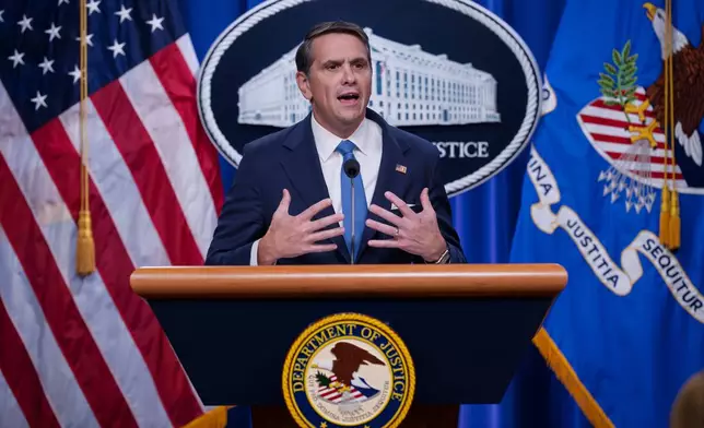 Deputy Attorney General Todd Blanche meets with reporters as the Justice Department announces the release of three million pages of documents in the latest Jeffrey Epstein disclosure in Washington, Friday, Jan. 30, 2026. (AP Photo/J. Scott Applewhite)