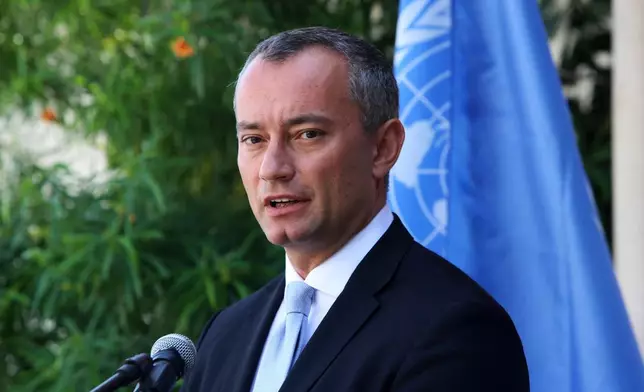 FILE - In this Sept. 25, 2017 file photo, the U.N. special envoy for the Middle East Peace Process Nickolay Mladenov, attends a press conference at the (UNSCO) offices in Gaza City. (AP Photo/Adel Hana, File)