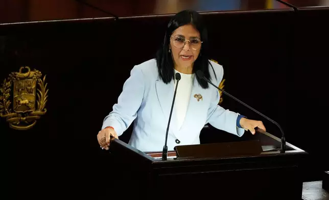 Venezuelan acting President Delcy Rodriguez speaks during a ceremony marking the opening of the new judicial year at the Supreme Tribunal of Justice in Caracas, Venezuela, Friday, Jan. 30, 2026. (AP Photo/Ariana Cubillos)