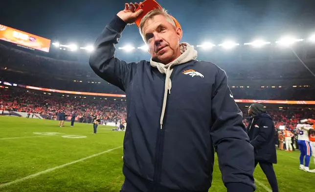 Denver Broncos head coach Sean Payton leaves the field after an NFL divisional round playoff football game against the Buffalo Bills, Saturday, Jan. 17, 2026, in Denver. (AP Photo/Jack Dempsey)
