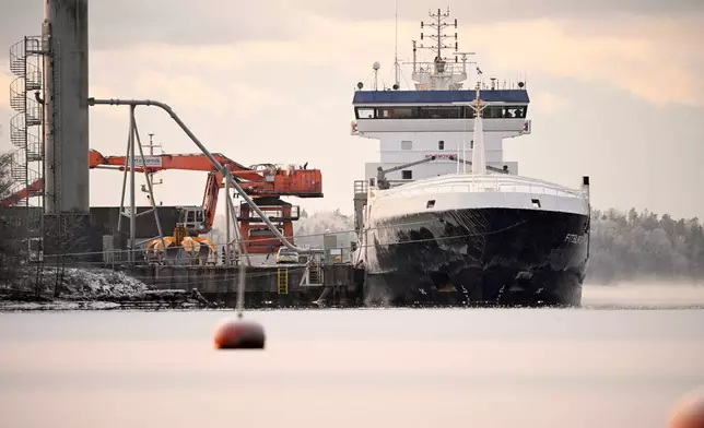 Seized vessel Fitburg rests in the harbour, in Kirkkonummi, Finland, Thursday, Jan. 1, 2026. (Roni Rekomaa/Lehtikuva via AP)