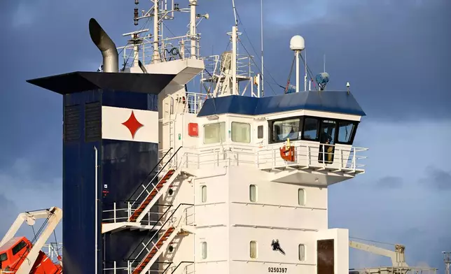 Seized vessel Fitburg in the harbor of Kirkkonummi, Finland, Thursday, Jan. 1, 2026. (Roni Rekomaa/Lehtikuva via AP)