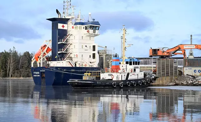 Seized vessel Fitburg in the harbor of Kirkkonummi, Finland, Thursday, Jan. 1, 2026. (Roni Rekomaa/Lehtikuva via AP)
