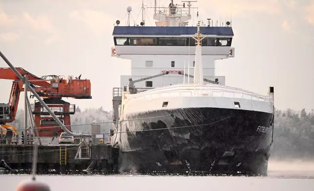 Seized vessel Fitburg in the harbor of Kirkkonummi, Finland, Thursday, Jan. 1, 2026. (Roni Rekomaa/Lehtikuva via AP)