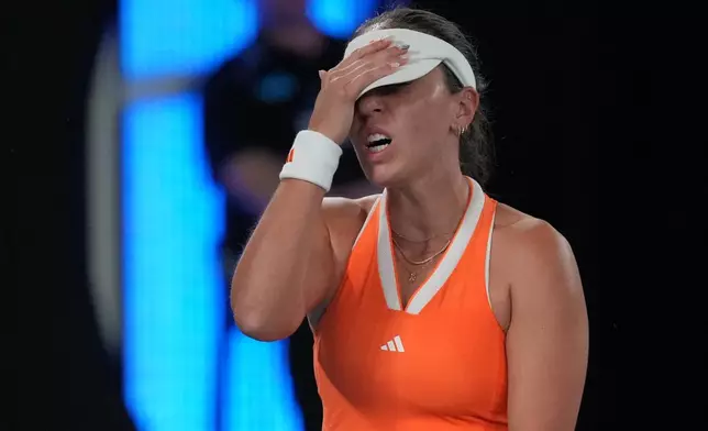 Jessica Pegula of the U.S. reacts during her semifinal match against Elena Rybakina of Kazakhstan at the Australian Open tennis championship in Melbourne, Australia, Thursday, Jan. 29, 2026. (AP Photo/Dita Alangkara)
