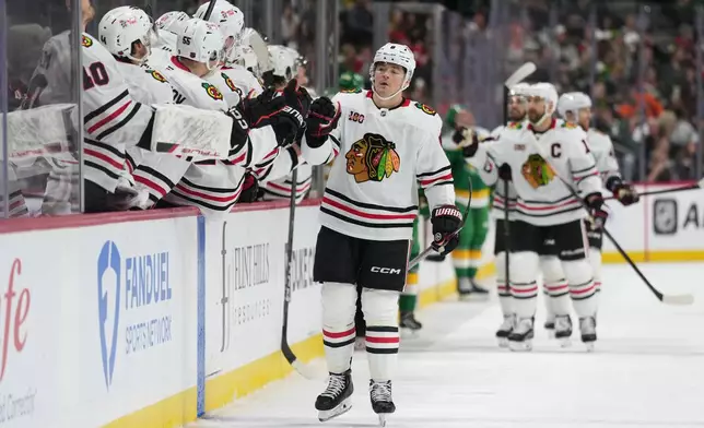 Chicago Blackhawks center Ryan Donato (8) celebrates after scoring a goal during the first period of an NHL hockey game against the Minnesota Wild, Tuesday, Jan. 27, 2026, in St. Paul, Minn. (AP Photo/Abbie Parr)