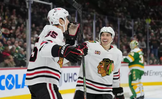 Chicago Blackhawks right wing Ilya Mikheyev (95), left, celebrates with defenseman Artyom Levshunov (55) after scoring a goal during the second period of an NHL hockey game against the Minnesota Wild, Tuesday, Jan. 27, 2026, in St. Paul, Minn. (AP Photo/Abbie Parr)