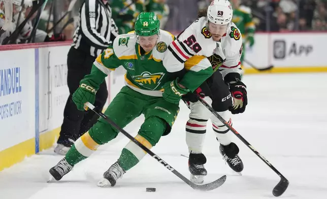 Minnesota Wild center Joel Eriksson Ek (14) and Chicago Blackhawks left wing Tyler Bertuzzi (59) battle for the puck during the first period of an NHL hockey game, Tuesday, Jan. 27, 2026, in St. Paul, Minn. (AP Photo/Abbie Parr)