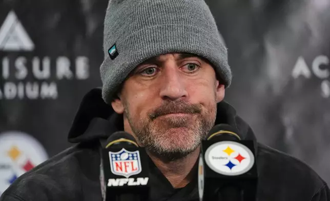 Pittsburgh Steelers quarterback Aaron Rodgers speaks during a press conference after an NFL wild-card playoff football game against the Houston Texans, Monday, Jan. 12, 2026, in Pittsburgh. (AP Photo/Gene J. Puskar)