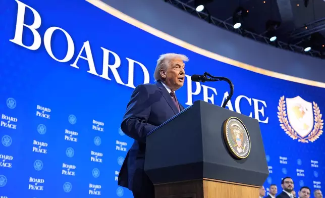 President Donald Trump speaks during a Board of Peace charter announcement during the Annual Meeting of the World Economic Forum in Davos, Switzerland, Thursday, Jan. 22, 2026. (AP Photo/Evan Vucci)