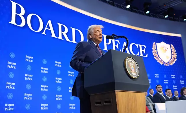 President Donald Trump speaks during a Board of Peace charter announcement during the Annual Meeting of the World Economic Forum in Davos, Switzerland, Thursday, Jan. 22, 2026. (AP Photo/Evan Vucci)
