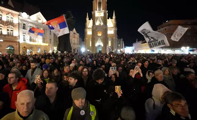 People attend a protest, led by university students, against corruption, in Novi Sad, Serbia, Saturday, Jan. 17, 2026. (AP Photo/Darko Vojinovic)