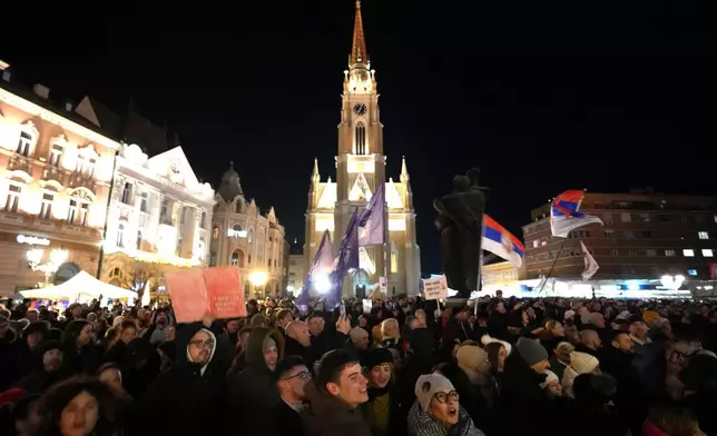 People attend a protest led by university students against corruption, in Novi Sad, Serbia, Saturday, Jan. 17, 2026. (AP Photo/Darko Vojinovic)