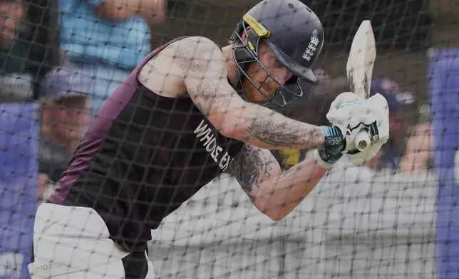 England's Ben Stokes bats during a practice session ahead of the fifth and final Ashes cricket test between England and Australia in Sydney, Australia, Friday, Jan. 2, 2026. (AP Photo/Mark Baker)