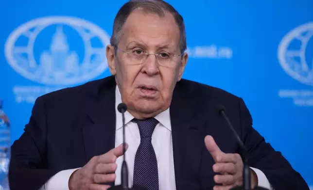 Russian Foreign Minister Sergey Lavrov gestures while speaking during his annual news conference in Moscow, on Tuesday, Jan. 20, 2026. (AP Photo/Pavel Bednyakov)