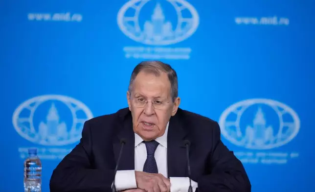 Russian Foreign Minister Sergey Lavrov speaks during his annual news conference in Moscow, on Tuesday, Jan. 20, 2026. (AP Photo/Pavel Bednyakov)