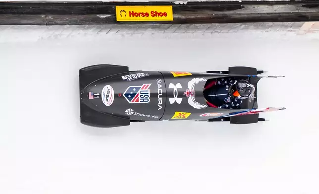 Kaillie Armbruster Humphries of the USA in action, during the Women's Mono-Bob World Cup, in St. Moritz, Switzerland, Saturday, Jan. 10, 2026. (Mayk Wendt/Keystone via AP)