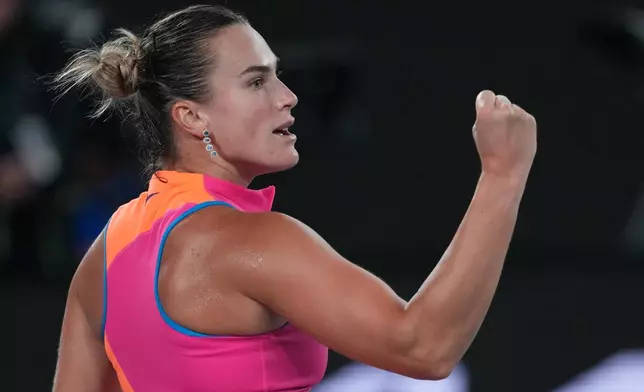 Aryna Sabalenka of Belarus reacts during her semifinal match against Elina Svitolina of Ukraine during their semifinal match at the Australian Open tennis championship in Melbourne, Australia, Thursday, Jan. 29, 2026. (AP Photo/Aaron Favila)