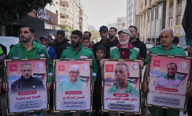 Medical staff take part in a protest organized by the Palestinian Prisoners Committee calling for the release of prisoners held in Israeli prisons outside the Red Cross headquarters in Gaza City Monday, Jan. 12, 2026. (AP Photo/Jehad Alshrafi)