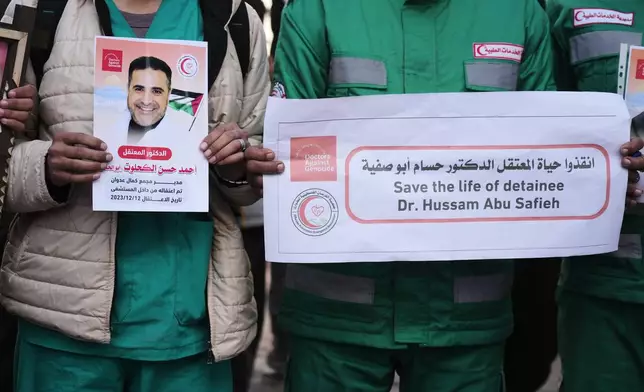Medical staff take part in a protest organized by the Palestinian Prisoners Committee calling for the release of prisoners held in Israeli prisons outside the Red Cross headquarters in Gaza City Monday, Jan. 12, 2026. (AP Photo/Jehad Alshrafi)