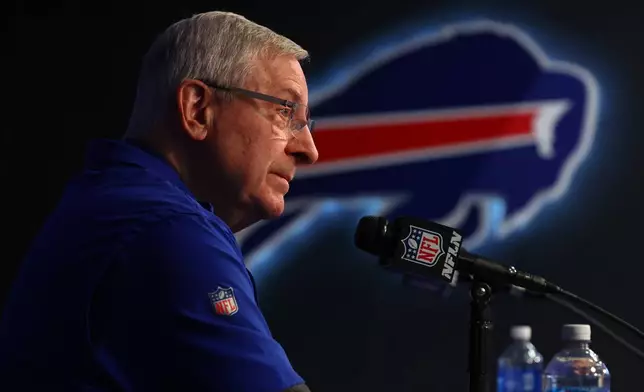 Buffalo Bills owner Terry Pegula speaks at a NFL football news conference in Orchard Park, N.Y., Wednesday, Jan 21, 2024. (AP Photo/Jeffrey T. Barnes)