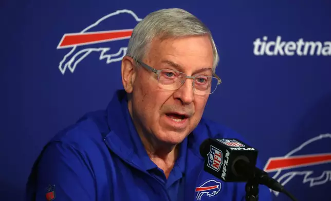 Buffalo Bills owner Terry Pegula speaks at a NFL football news conference in Orchard Park, N.Y., Wednesday, Jan 21, 2024. (AP Photo/Jeffrey T. Barnes)