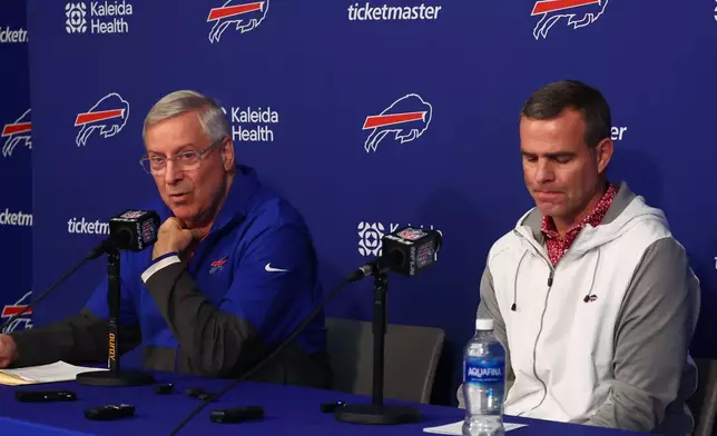 Buffalo Bills owner Terry Pegula left, and General Manager Brandon Beane speak at a NFL football news conference in Orchard Park, N.Y., Wednesday, Jan 21, 2024. (AP Photo/Jeffrey T. Barnes)