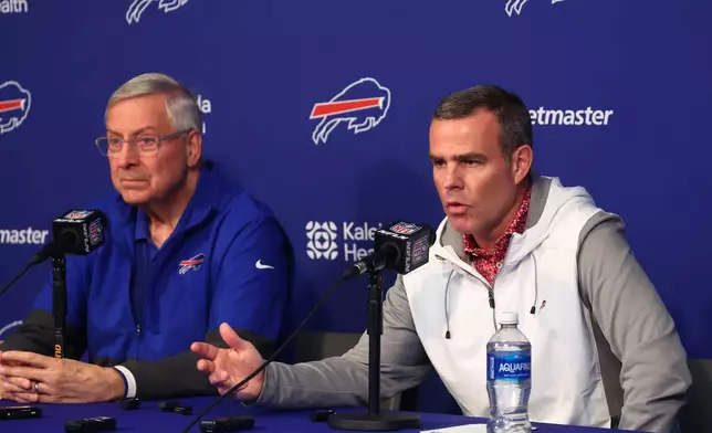 Buffalo Bills owner Terry Pegula left, and General Manager Brandon Beane speak at a NFL football news conference in Orchard Park, N.Y., Wednesday, Jan 21, 2024. (AP Photo/Jeffrey T. Barnes)