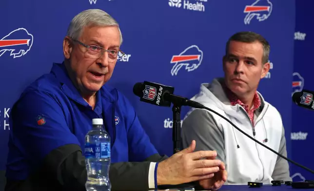 Buffalo Bills owner Terry Pegula left, and General Manager Brandon Beane speak at a NFL football news conference in Orchard Park, N.Y., Wednesday, Jan 21, 2024. (AP Photo/Jeffrey T. Barnes)