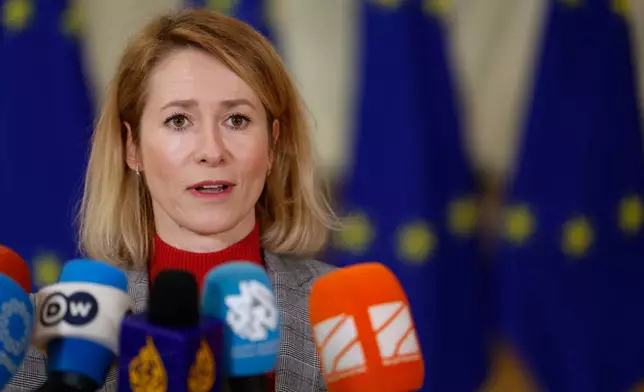 European Union foreign policy chief Kaja Kallas speaks with the media as she arrives for a meeting of EU foreign ministers at the European Council building in Brussels, Thursday, Jan. 29, 2026. (AP Photo/Geert Vanden Wijngaert)