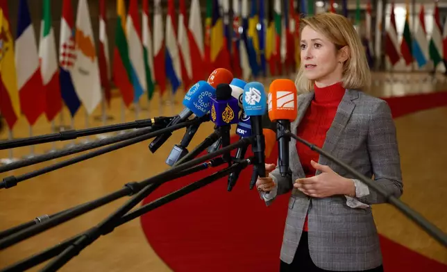 European Union foreign policy chief Kaja Kallas speaks with the media as she arrives for a meeting of EU foreign ministers at the European Council building in Brussels, Thursday, Jan. 29, 2026. (AP Photo/Geert Vanden Wijngaert)